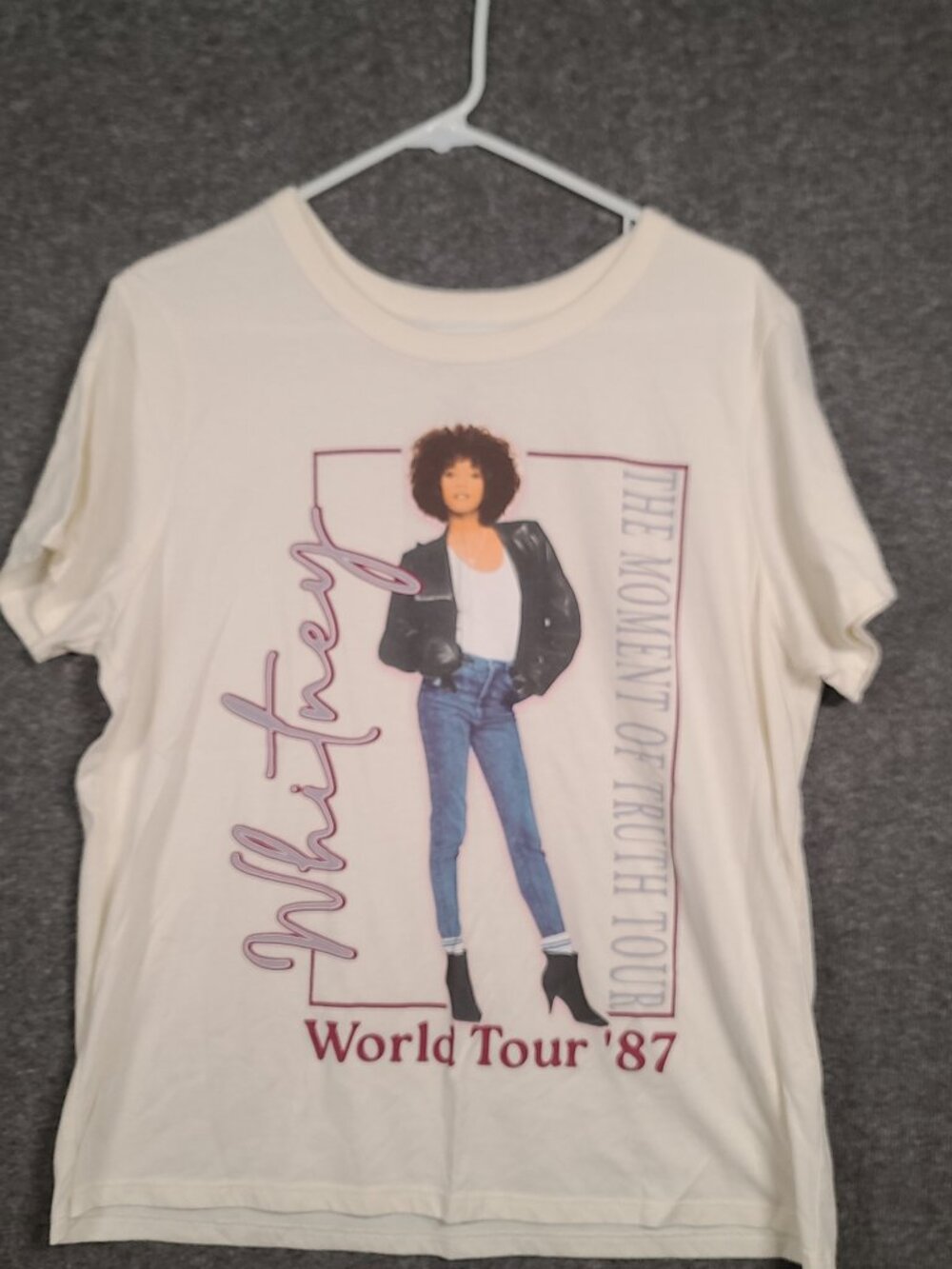 Whitney Houston Shirt Women's XL Beige Graphic Crew Neck Short Sleeve Stretch